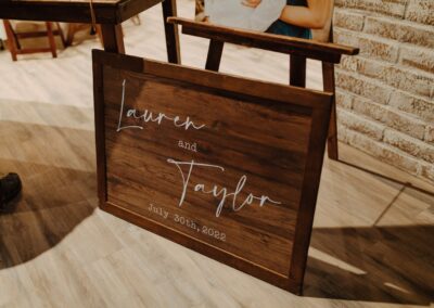 wedding welcome sign on the ground leaning up against an easel