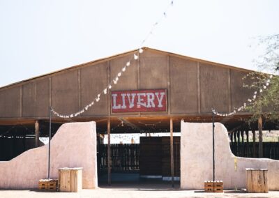 light strands set up outside of barn venue